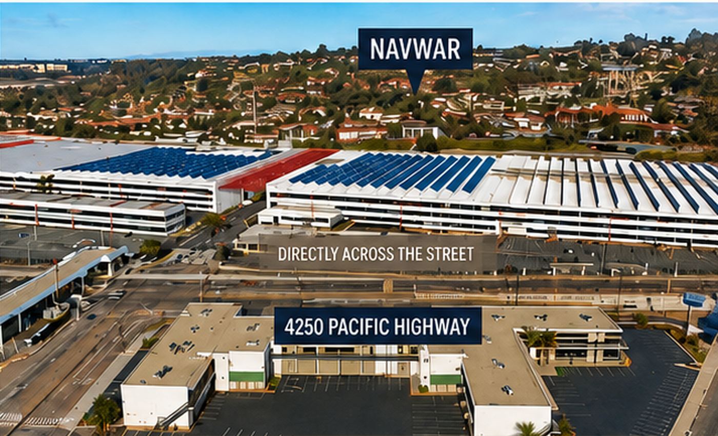 Aerial photo showing the NAVWAR Old Town Campus directly across Pacific Highway from 4250 Pacific Highway