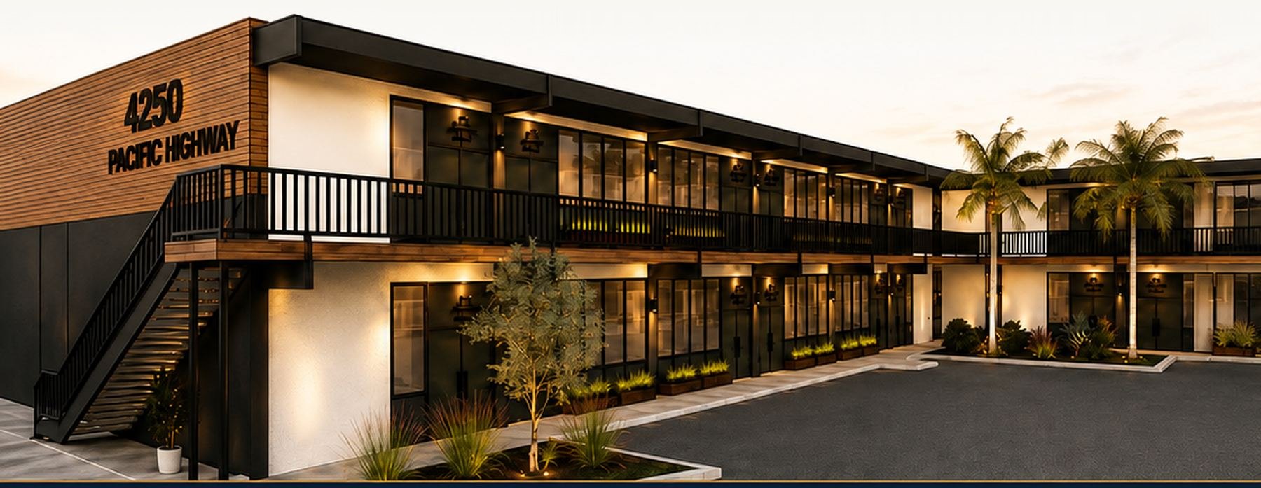 4250 Pacific Highway — a MAPA Group property in San Diego, renovated two-story office building at dusk